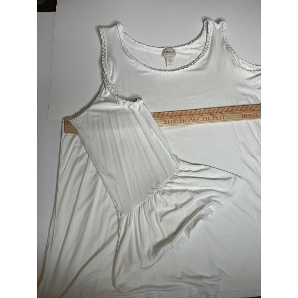 UGC Chico's White Cold Shoulder Bell Sleeve Blouse Braided Trim Boho Flowy Top L - Picture 9 of 9